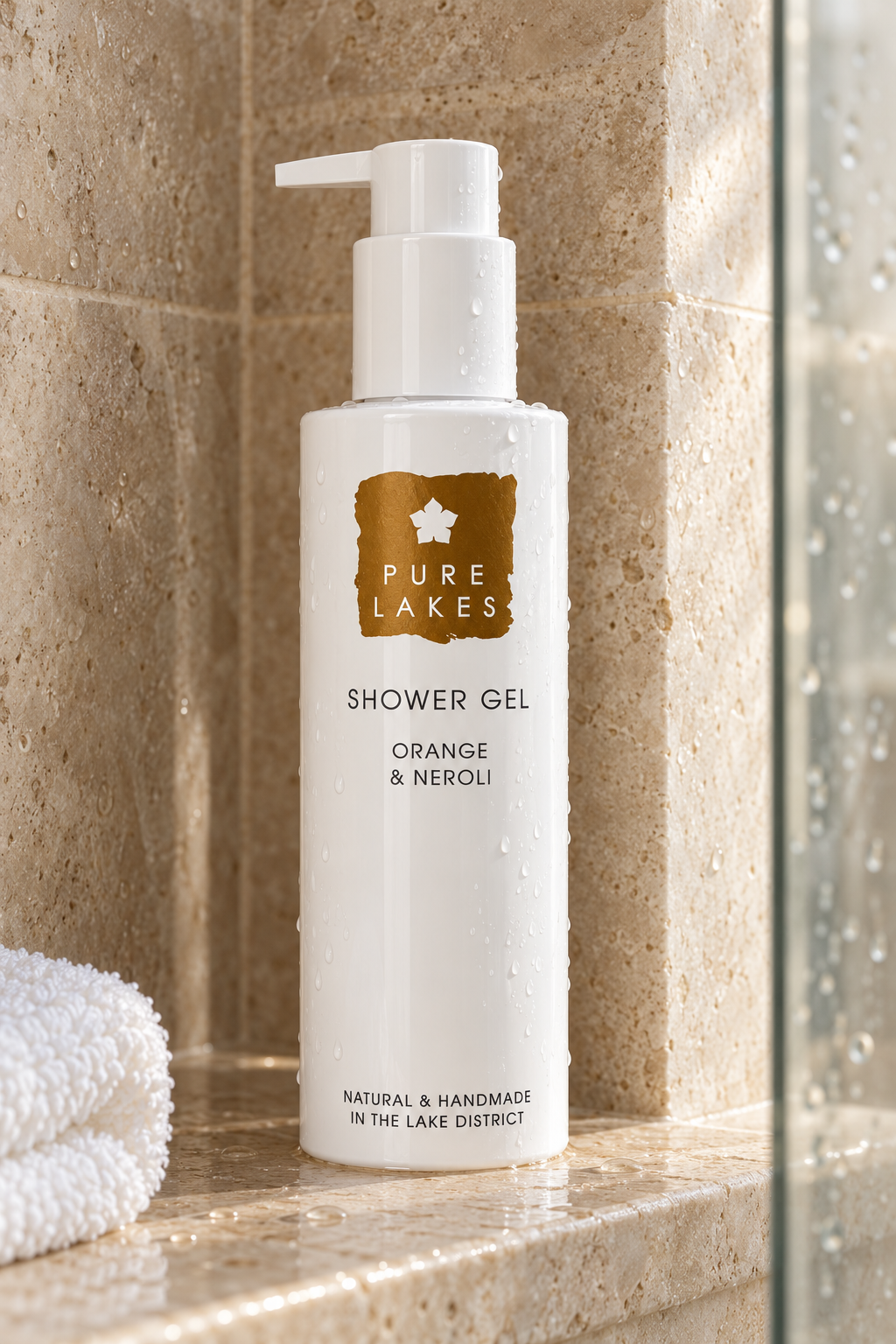 A bottle of Pure Lakes Shower Gel in Orange & Neroli scent, placed on a beige stone shower ledge with water droplets, next to a white towel.