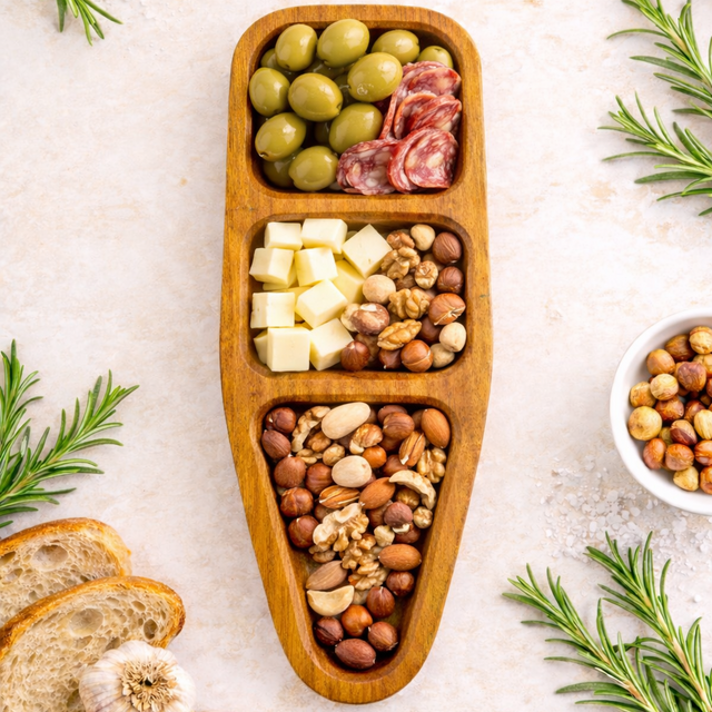 Wooden snack tray with olives, cheese, salami, and nuts on a light surface with rosemary.