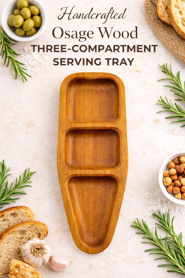 Wooden three-compartment serving tray with food items on a light background
