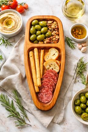 Wooden platter with assorted snacks including olives, salami, bread, and hummus on a light background.