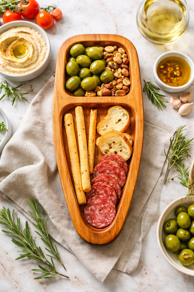 Wooden platter with assorted snacks including olives, salami, bread, and hummus on a light background.