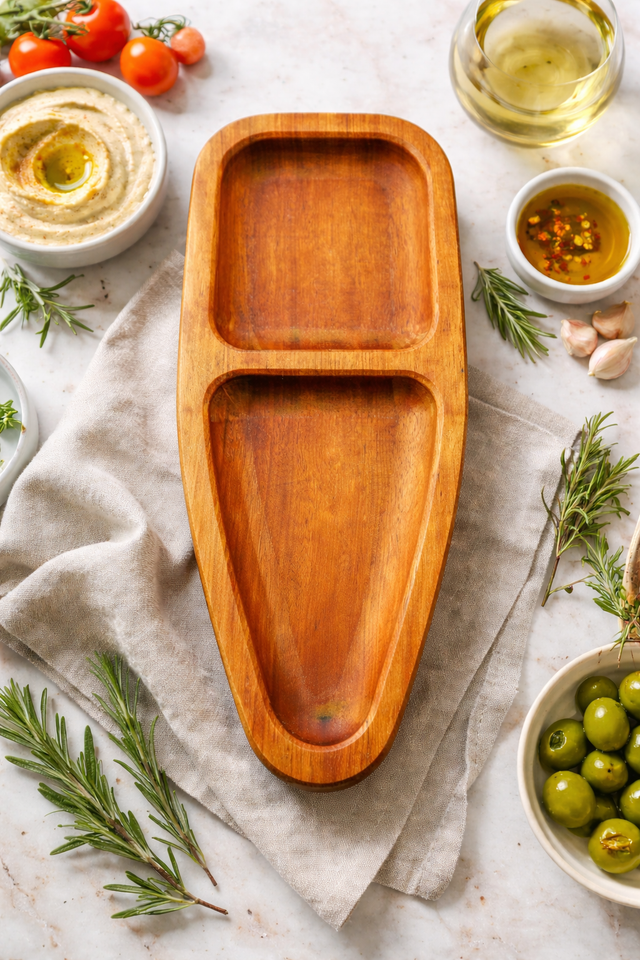 Wooden tray with food items on a marble surface