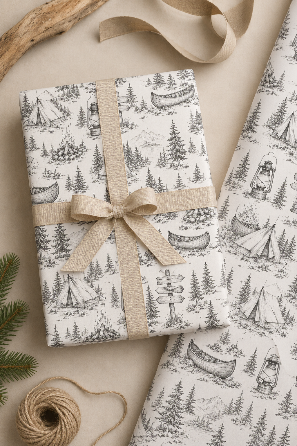 Outdoor adventure wrapping paper with monochrome pencil-style camping artwork and subtle colour accents.