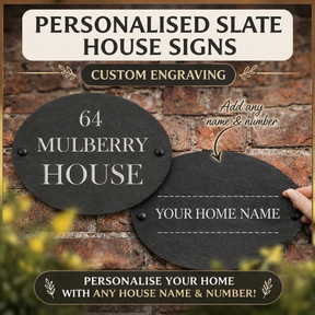 Personalised slate house signs with customizable text on a brick wall background.