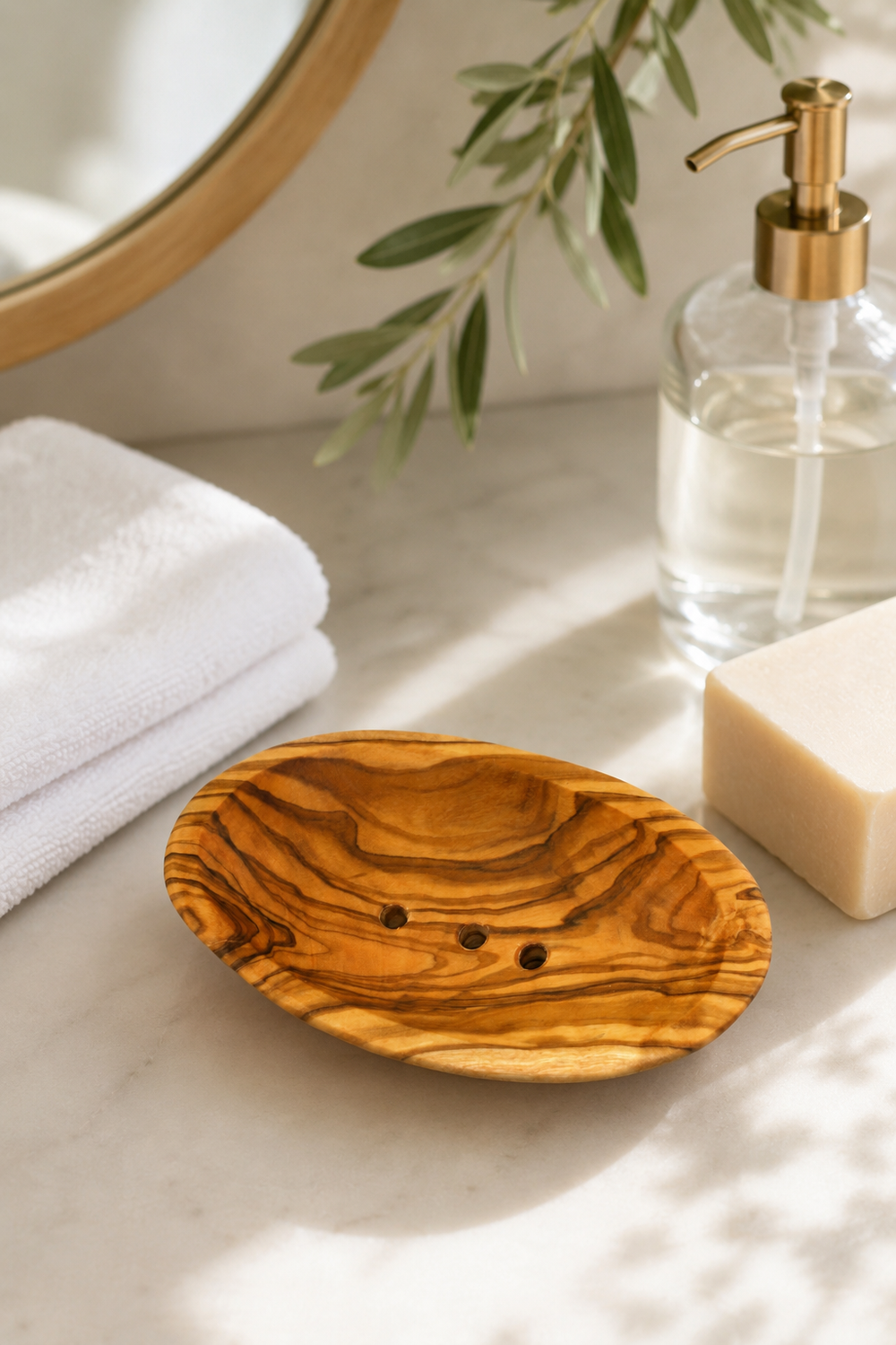 Oval olive wood soap dish with drainage holes and underside groove