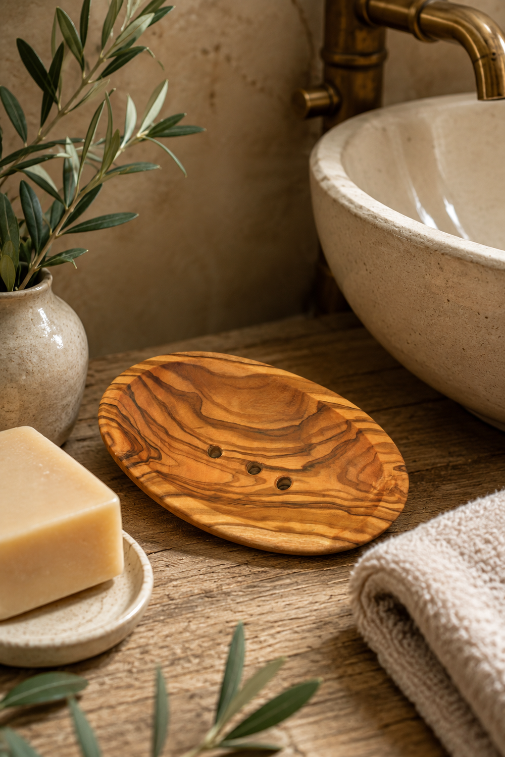Oval olive wood soap holder for bathroom or kitchen sink