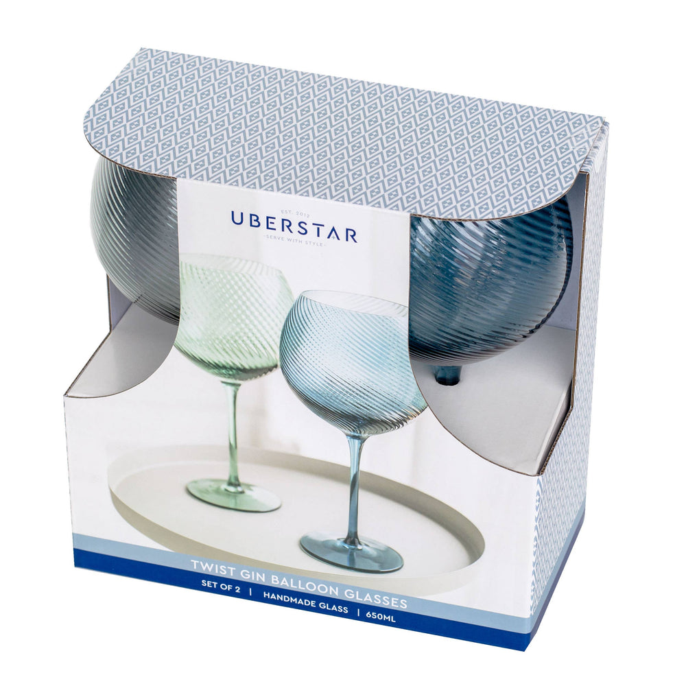 Packaged set of Uberstar twist rim balloon glasses with clear background