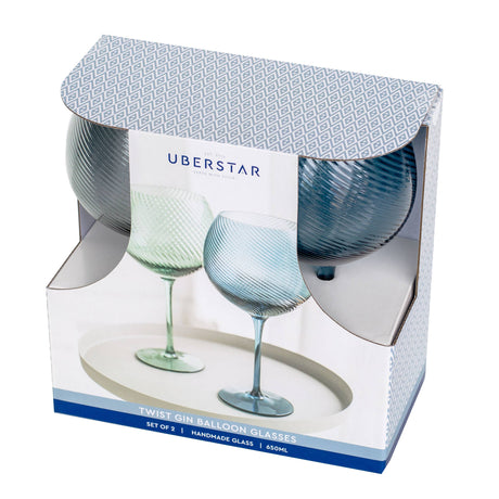 Packaged set of Uberstar twist rim balloon glasses with clear background