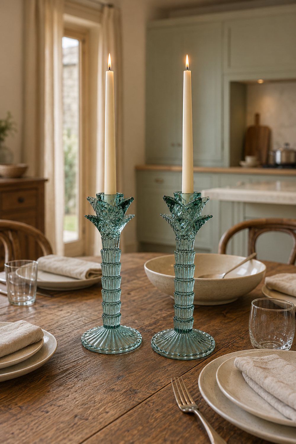 Pair of green glass palm tree candlestick holders with ribbed stems and fluted round bases