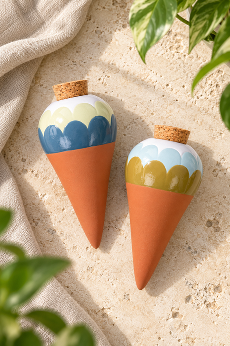 Set of two ceramic watering spikes for potted plants. Ana Blue includes complementary scalloped designs in blue, pale cream and olive, with white tops, terracotta-coloured tapered points and cork stoppers. Presented together in a windowed cardboard box