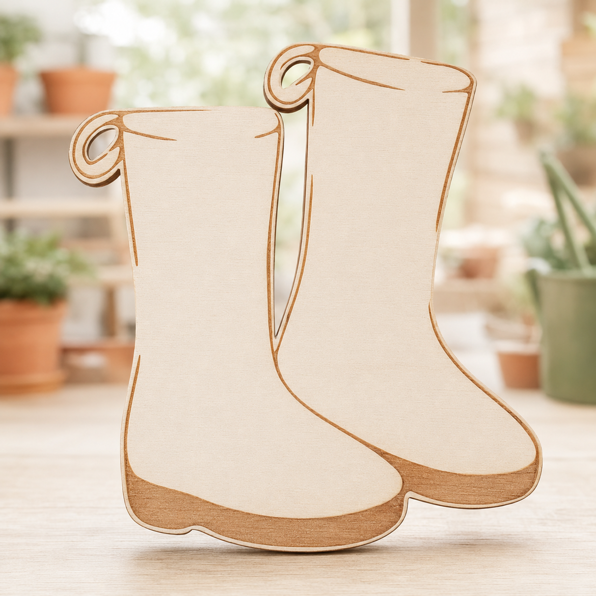 A pair of minimalist boot-shaped wooden ornaments or decorations with a light beige body and natural wood edges, displayed on a light wooden surface with a softly blurred indoor background.