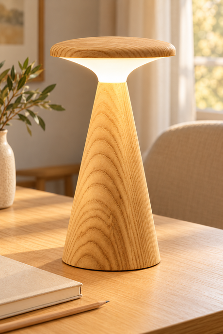A modern mushroom-shaped table lamp made of white ash natural wood, glowing with a warm light, set on a wooden table in a cozy room.