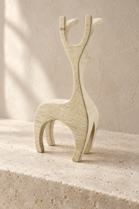 A minimalist, sculptural wooden deer figurine in a light natural wood finish, standing on a textured stone ledge against a warm beige plaster wall.