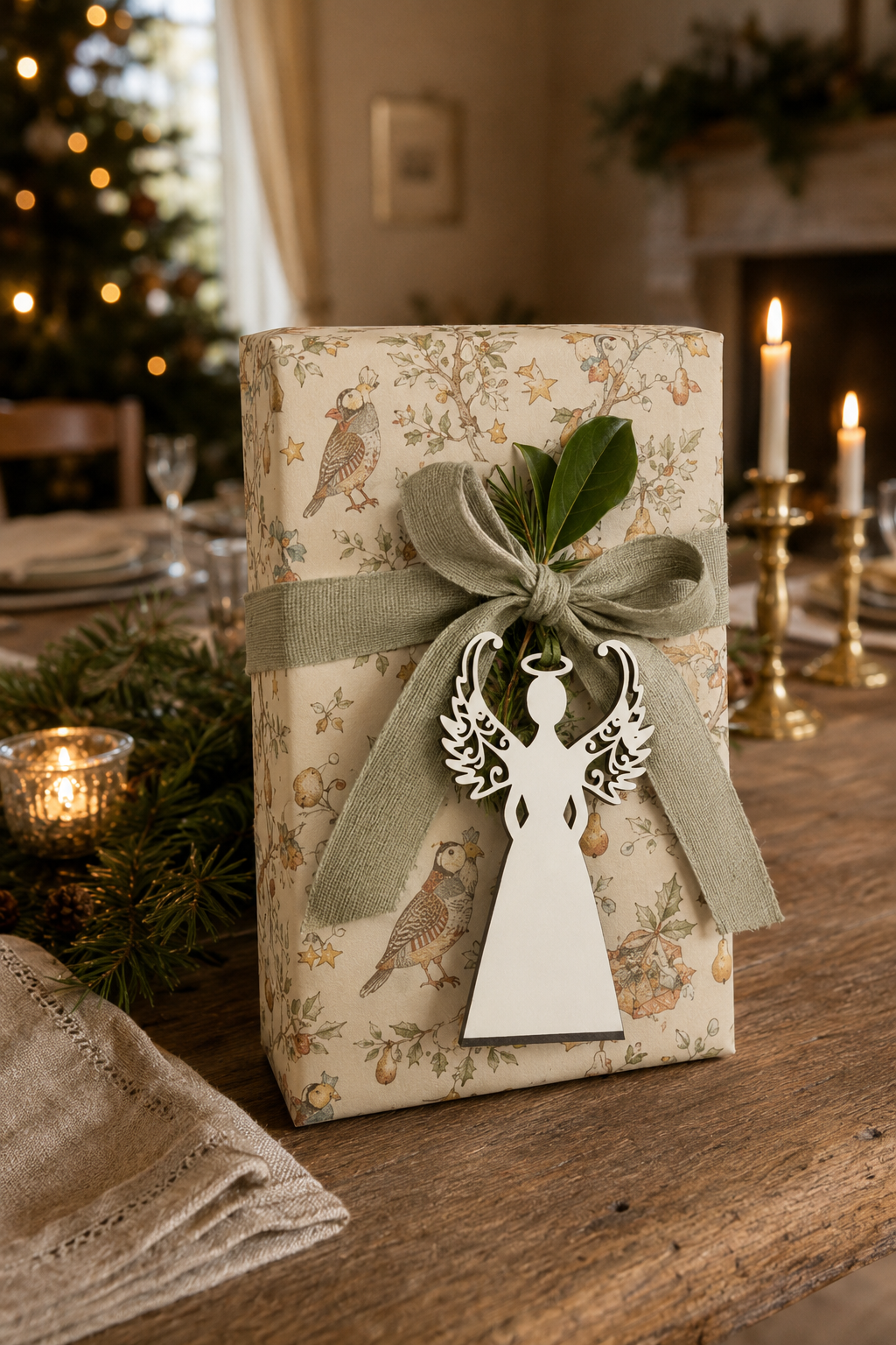 Wide-skirt white angel gift tag on a Partridge in a Pear Tree wrapped present with sage linen ribbon.