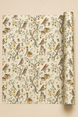Partridges hold golden stars while tiny mice climb ladders and decorate pear trees with baubles, ribbon and gifts. A detailed pencil-sketch Christmas wrapping paper inspired by a familiar festive favourite.
