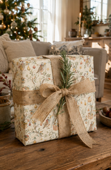 Partridges hold golden stars while tiny mice climb ladders and decorate pear trees with baubles, ribbon and gifts. A detailed pencil-sketch Christmas wrapping paper inspired by a familiar festive favourite.