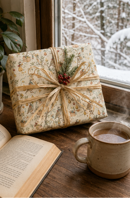 Partridges hold golden stars while tiny mice climb ladders and decorate pear trees with baubles, ribbon and gifts. A detailed pencil-sketch Christmas wrapping paper inspired by a familiar festive favourite.