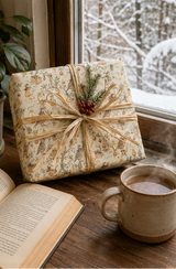 Partridges hold golden stars while tiny mice climb ladders and decorate pear trees with baubles, ribbon and gifts. A detailed pencil-sketch Christmas wrapping paper inspired by a familiar festive favourite.