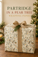 Partridges hold golden stars while tiny mice climb ladders and decorate pear trees with baubles, ribbon and gifts. A detailed pencil-sketch Christmas wrapping paper inspired by a familiar festive favourite.