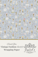 Vintage fashion sketch wrapping paper pattern in pastel blue, featuring illustrated women in white and pink summer dresses with floral details, with text reading 'Pastel Blue Vintage Fashion Sketch Wrapping Paper' and the Byard's Boutique logo.