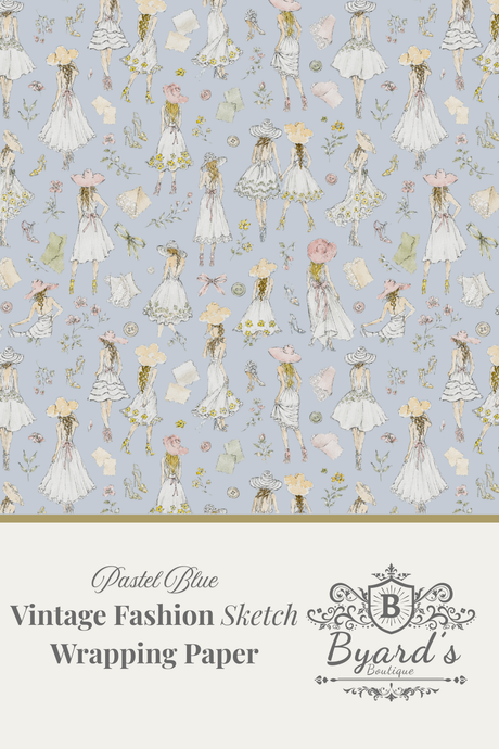 Vintage fashion sketch wrapping paper pattern in pastel blue, featuring illustrated women in white and pink summer dresses with floral details, with text reading 'Pastel Blue Vintage Fashion Sketch Wrapping Paper' and the Byard's Boutique logo.