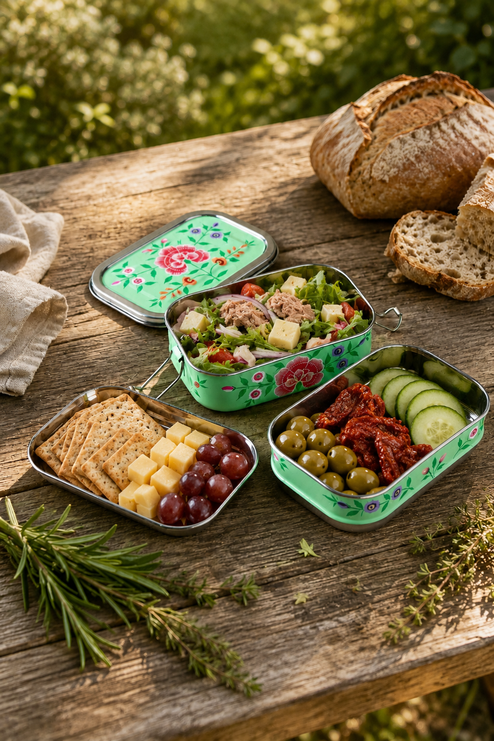 Pastel Green hand-painted stainless steel tiffin lunch box with three compartments