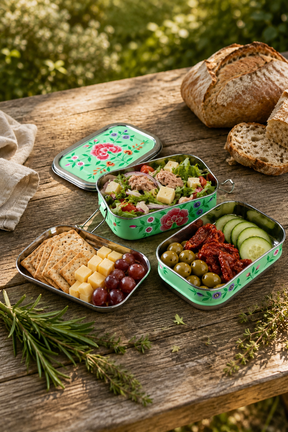 Pastel Green hand-painted stainless steel tiffin lunch box with three compartments