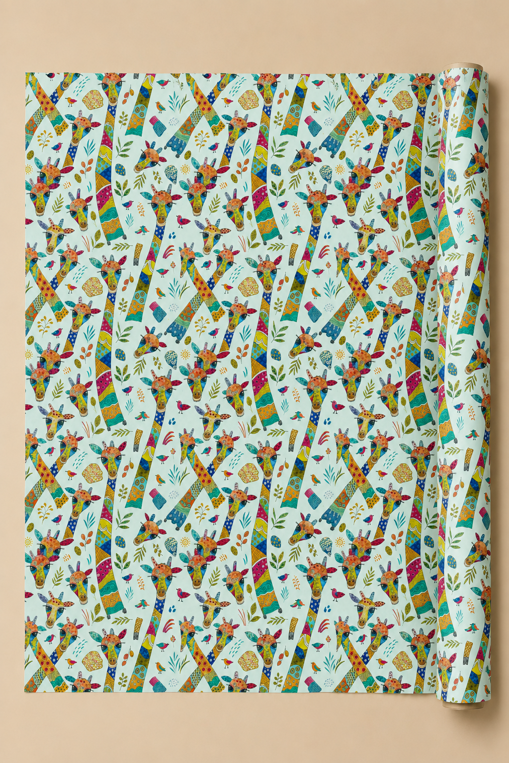A roll of wrapping paper with a colorful repeating Patchwork Giraffe pattern on a light blue background, displayed against a solid beige backdrop.