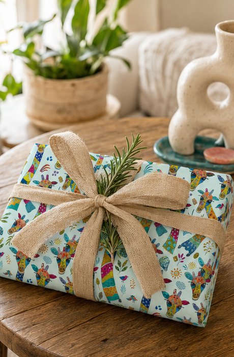 A wrapped gift with a colourful patchwork giraffe-patterned paper and a large tan burlap ribbon bow, tied with a small green sprig, resting on a rustic wooden table in a cozy indoor setting.