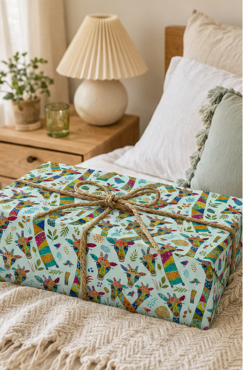 A rectangular gift box wrapped in colourful patchwork giraffe-print paper and tied with a jute twine bow, resting on a beige knit blanket in a softly styled bedroom setting.