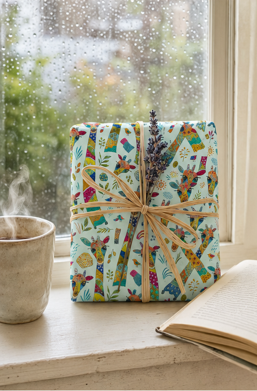 A gift box wrapped in a colourful giraffe-patterned paper with a natural twine bow and a sprig of lavender, sitting on a windowsill next to a steaming mug and an open book.