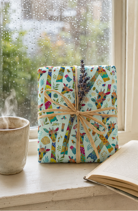 A gift box wrapped in a colourful giraffe-patterned paper with a natural twine bow and a sprig of lavender, sitting on a windowsill next to a steaming mug and an open book.