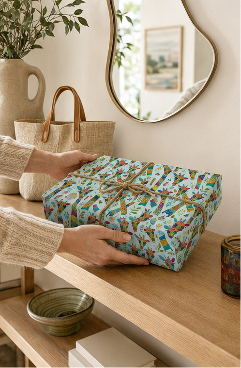 A person's hands are shown holding a gift box wrapped in a light blue wrapping paper with a colourful Patchwork Giraffe  pattern, tied with a natural jute twine. The scene is set on a wooden shelf with a straw tote bag, a ceramic vase with greenery, and a wavy mirror in the background.