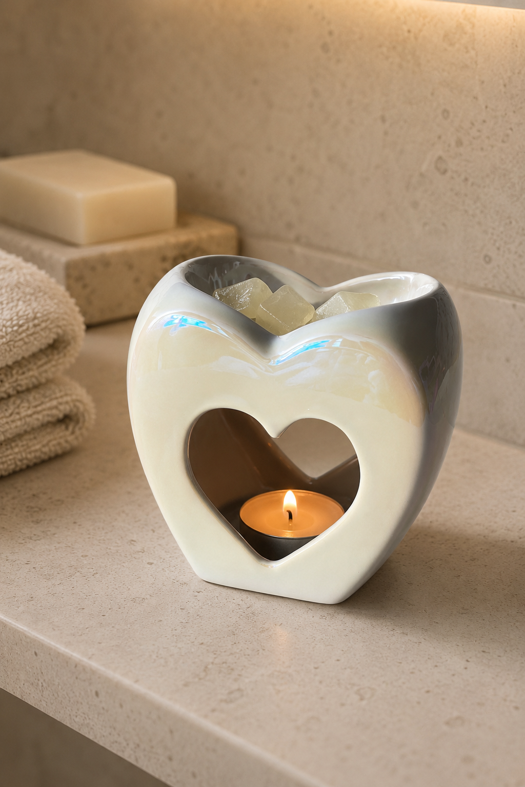 A heart-shaped Pearl Heart Wax Melt Burner ceramic candle warmer with a white and gray glossy finish, holding a lit tealight candle and wax pieces, set on a beige bathroom counter with a soap bar and folded towels in the background.
