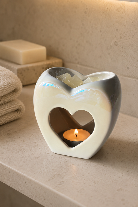 A heart-shaped Pearl Heart Wax Melt Burner ceramic candle warmer with a white and gray glossy finish, holding a lit tealight candle and wax pieces, set on a beige bathroom counter with a soap bar and folded towels in the background.