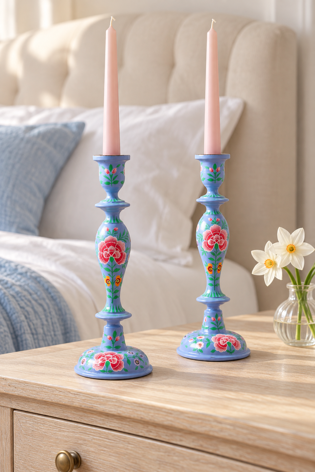 Violet wooden candlestick holder with hand-painted traditional Kashmir designs, 12-inch size. on bed side table