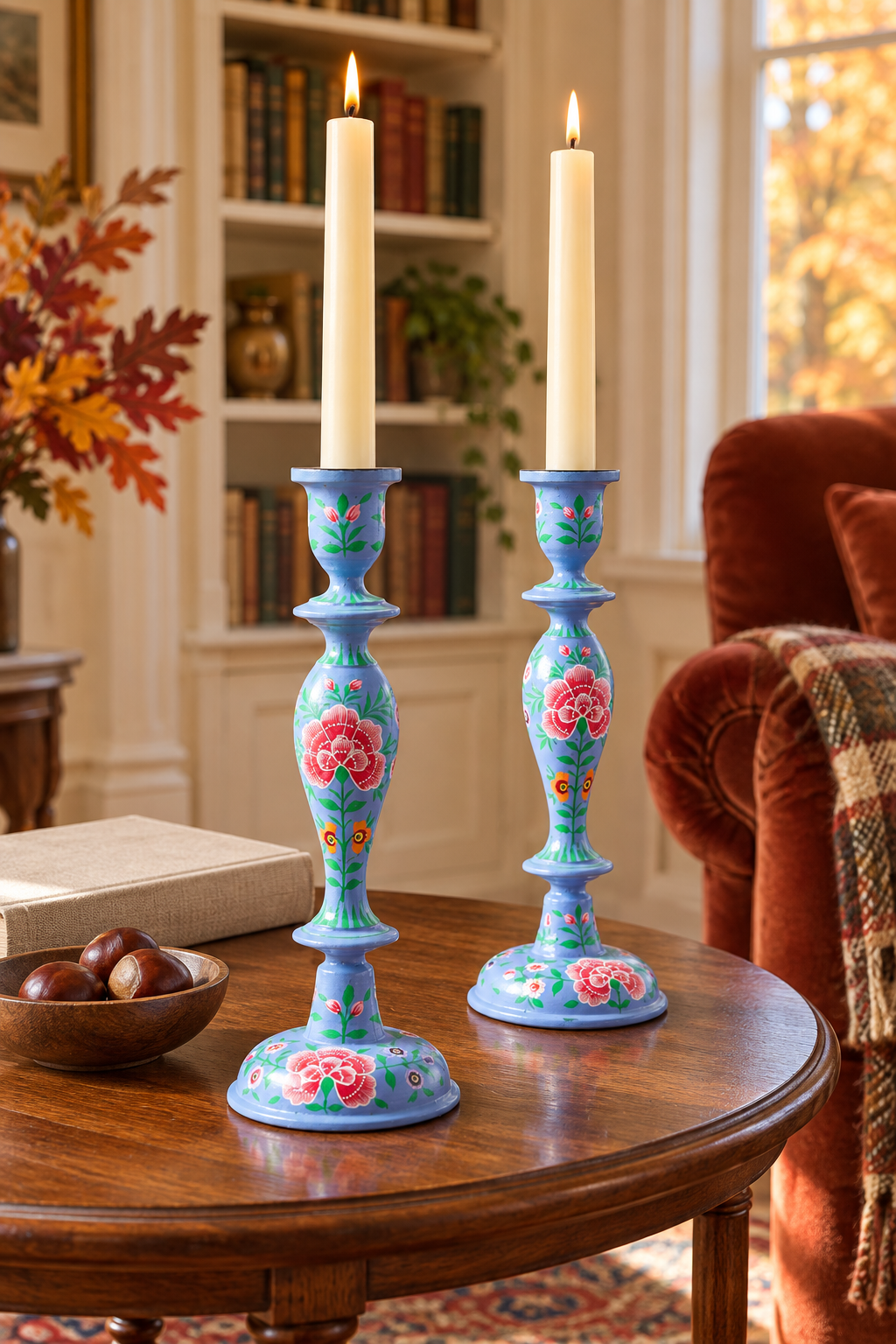 Violet wooden candlestick holder with hand-painted traditional Kashmir designs, 12-inch size