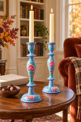 Violet wooden candlestick holder with hand-painted traditional Kashmir designs, 12-inch size