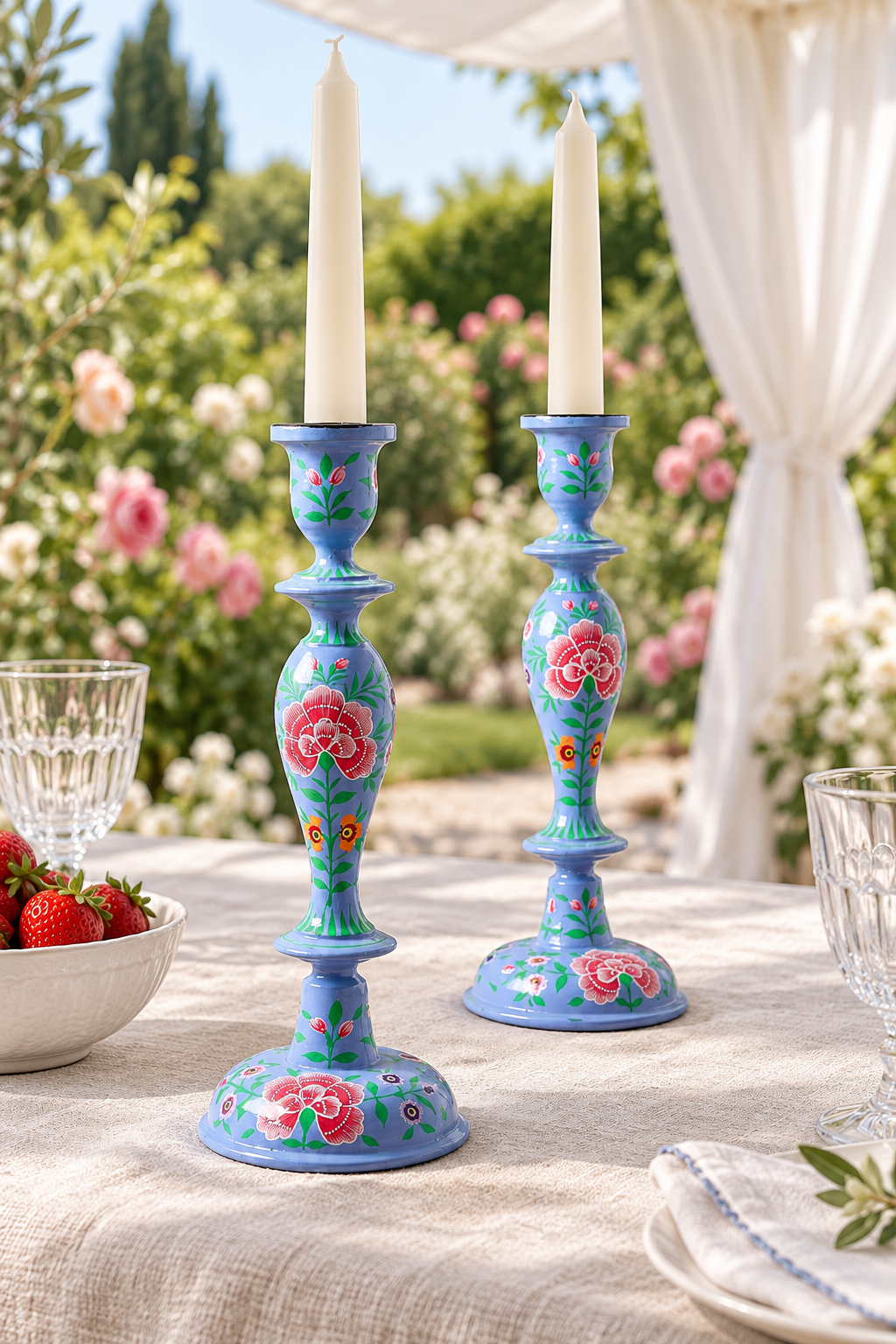 Violet wooden candlestick holder with hand-painted traditional Kashmir designs, 12-inch size. in an outdoor setting.