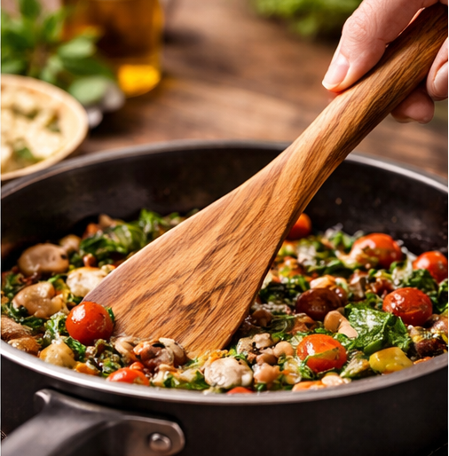 Person stirring a pan of vegetables with a wooden spoon on a wooden table.