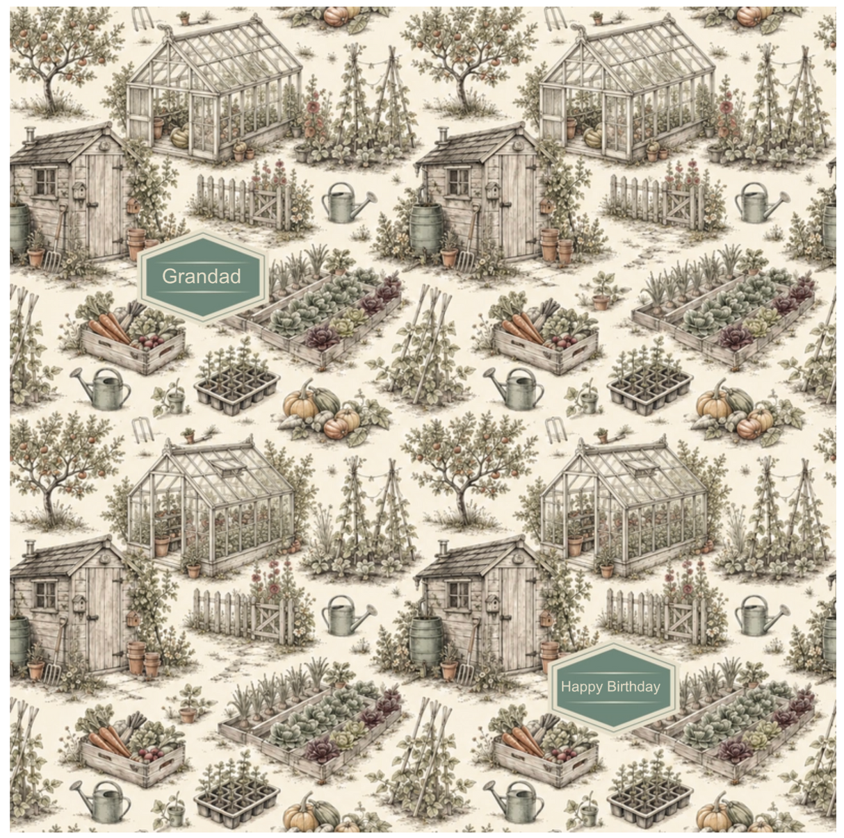 A repeating garden-themed pattern featuring small greenhouses, sheds, raised garden beds, watering cans, trees, and plants in muted beige, gray, sage green, and brown tones. Two small label-like shapes contain the words 'Grandad' and 'Happy Birthday'.