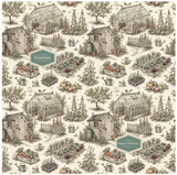 A repeating garden-themed pattern featuring small greenhouses, sheds, raised garden beds, watering cans, trees, and plants in muted beige, gray, sage green, and brown tones. Two small label-like shapes contain the words 'Grandad' and 'Happy Birthday'.