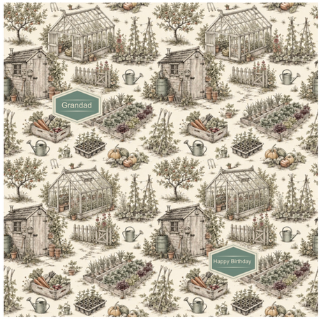 A repeating garden-themed pattern featuring small greenhouses, sheds, raised garden beds, watering cans, trees, and plants in muted beige, gray, sage green, and brown tones. Two small label-like shapes contain the words 'Grandad' and 'Happy Birthday'.