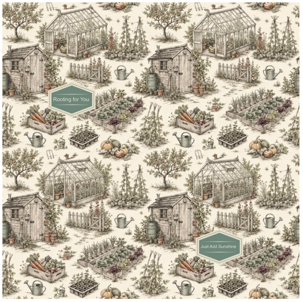 A repeating garden-themed pattern featuring small cottages, greenhouses, raised garden beds, watering cans, and plants on a warm off-white background. Two muted green labels with white text are visible, reading 'Feeling for You' and 'Just Add Sunlight.