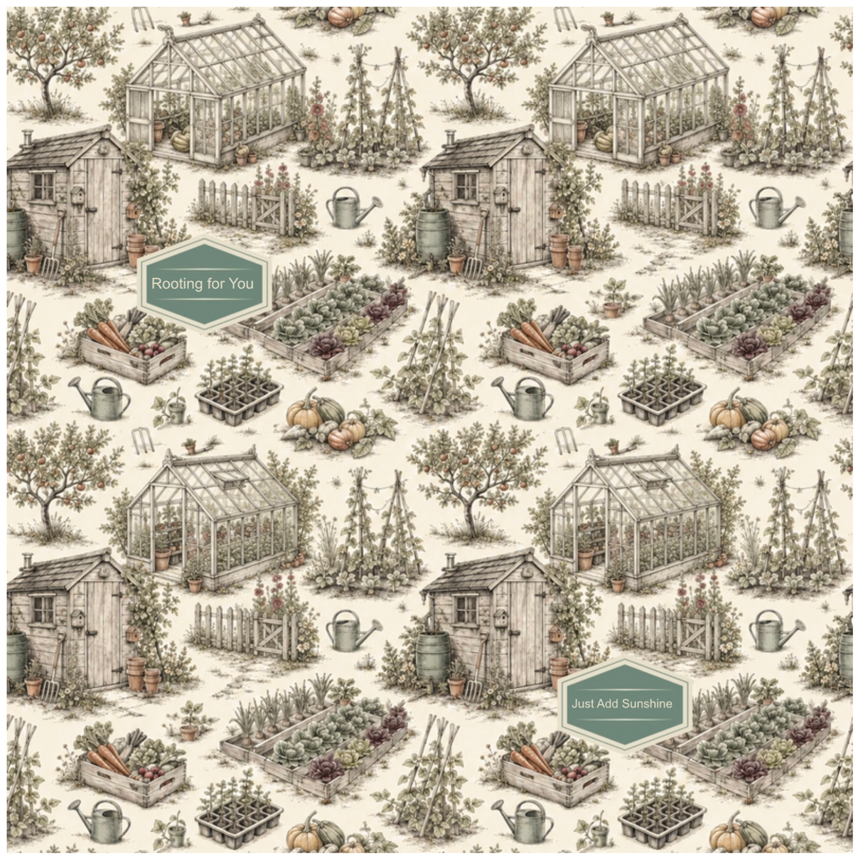 A repeating garden-themed pattern featuring small cottages, greenhouses, raised garden beds, watering cans, and plants on a warm off-white background. Two muted green labels with white text are visible, reading 'Feeling for You' and 'Just Add Sunlight.