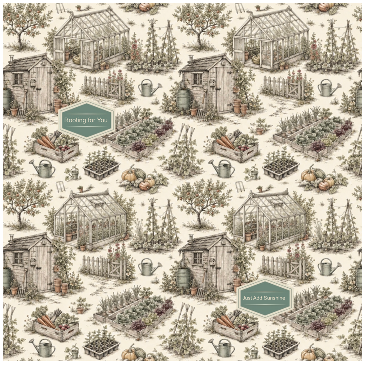 A repeating garden-themed pattern featuring small cottages, greenhouses, raised garden beds, watering cans, and plants on a warm off-white background. Two muted green labels with white text are visible, reading 'Feeling for You' and 'Just Add Sunlight.
