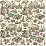 A repeating garden-themed pattern featuring small cottages, greenhouses, raised garden beds, watering cans, and plants on a warm off-white background. Two muted green labels with white text are visible, reading 'Feeling for You' and 'Just Add Sunlight.