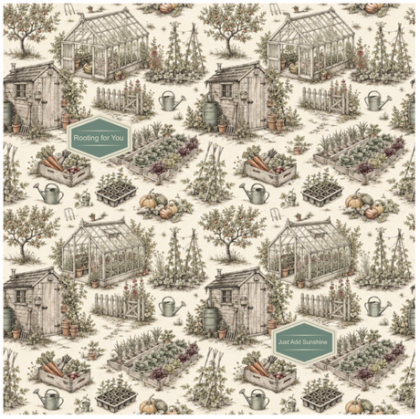 A repeating garden-themed pattern featuring small cottages, greenhouses, raised garden beds, watering cans, and plants on a warm off-white background. Two muted green labels with white text are visible, reading 'Feeling for You' and 'Just Add Sunlight.