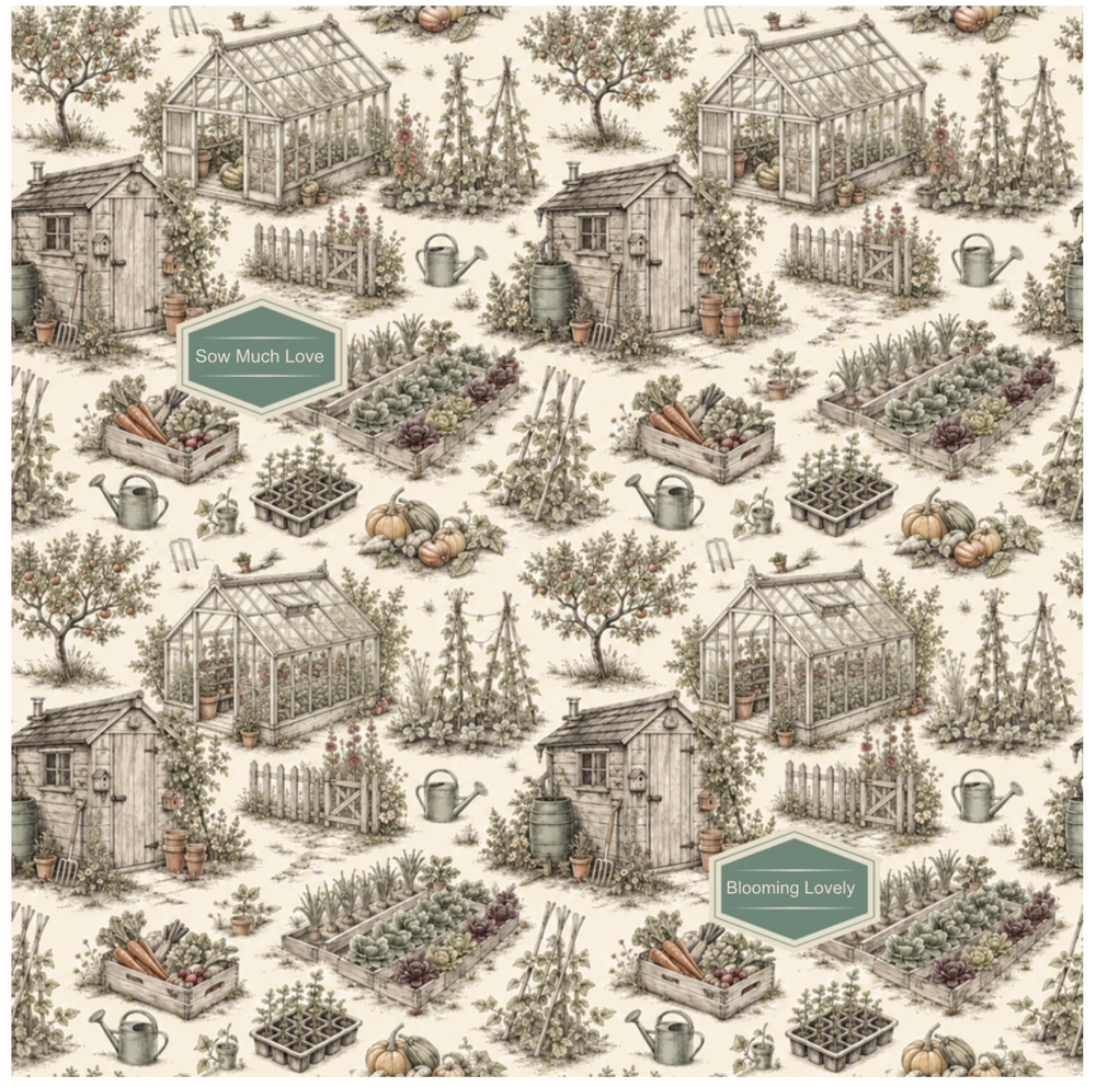 A repeating vintage-style garden pattern on a cream background, featuring small cottages, greenhouses, raised garden beds, watering cans, and plants. Two muted green labels with text are visible among the motifs.