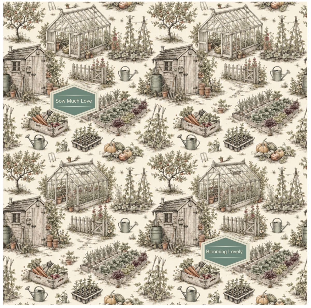 A repeating vintage-style garden pattern on a cream background, featuring small cottages, greenhouses, raised garden beds, watering cans, and plants. Two muted green labels with text are visible among the motifs.